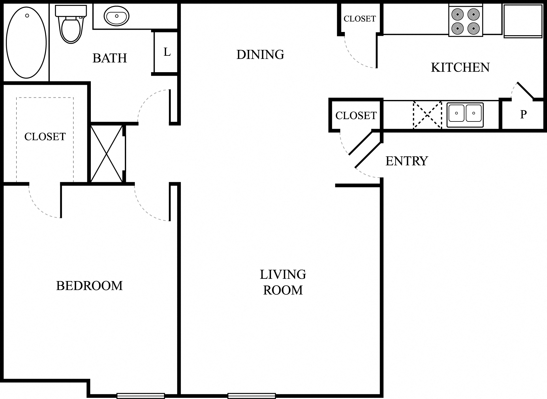 Floor plan for 1 bed, 1 bath, 660 sqft